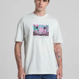 Jack & Jones Pale Blue Cotton Boxy Fit Printed T-Shirt-image-61