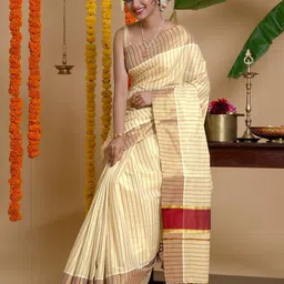 TEEJH Woven Design Striped Tissue Kasavu Saree-image-6