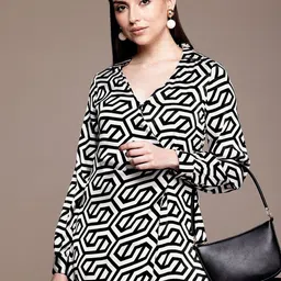 French Connection Printed Shirt Collar Cuffed Sleeves Pleated Satin A-Line Mini Dress-image-91