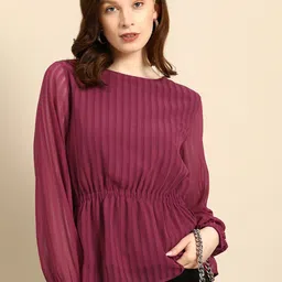 all about you Burgundy Vertical Stripes Boat Neck Bishop Sleeves Pleated Peplum Top-image-24