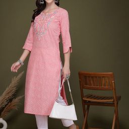 Sangria Bandhani Printed Notch Neck Thread Work Pure Cotton Straight Kurta-picture-14