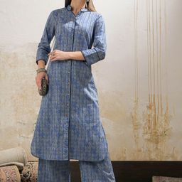 Shae by SASSAFRAS Striped Mandarin Collar Cambric Cotton Straight Kurta With Palazzo-43