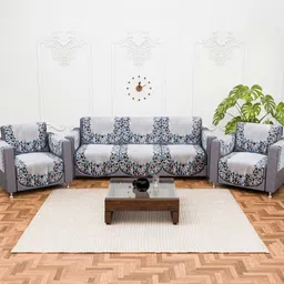 Aura Grey & White Printed Cotton Sofa Cover With Arms-14