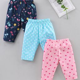 Babyhug Three Fourth Length Cotton Lycra Leggings Dot Floral And Heart Print Pack Of 3 - Blue Pink-image-32
