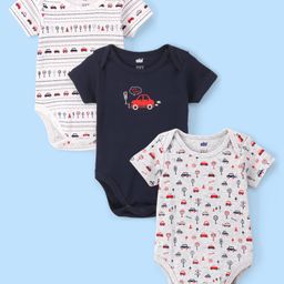 Simply Cotton Interlock Half Sleeves Onesies Car Print Pack of 3- Navy Blue & White-image-66