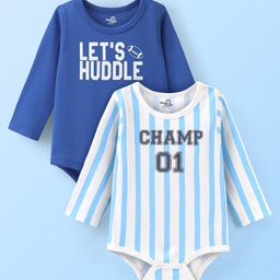 Doodle Poodle 100% Cotton Knit Full Sleeves Onesies Stripes & Text Print Pack of 2- Blue & White-picture-22