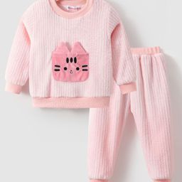 Kookie Kids Full Sleeves Winter Wear Sweatshirt &Lounge Pant Set with Kitty Applique - Pink-image-76