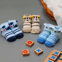 Yellow Bee Pack Of 3 Animal Printed & Striped Designed Anti Skid Socks  -  Beige Blue & Brown-image-69