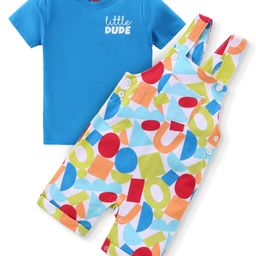 Babyhug Single Jersey Knit Geometric Print Dungaree and Half Sleeves T-Shirt Set - Blue & Multicolor-image-98