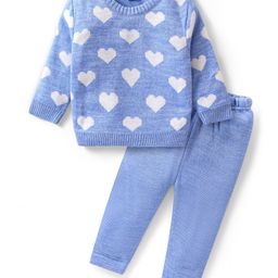 Babyhug Knit Full Sleeves Pull Over Sweater Set with Heart Design - Light Blue-image-43