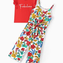 Ollington St. 100% Cotton Knit Floral Print Dungaree & Frill Sleeves T-Shirt with Text Print - Multicolor-image-70
