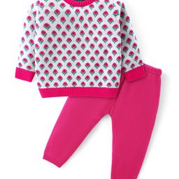 Babyhug Knit Full Sleeves Sweater Set with Floral Design - White & Pink-image-77