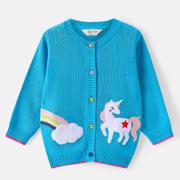 Bonfino 100% Cotton Knit Full Sleeve Front Open Sweaters with Rainbow & Unicorn Embroidery-Blue-image-88