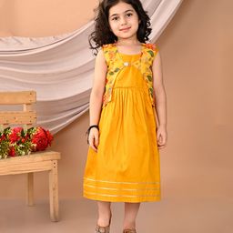 Kinder Kids Sleeveless Lace Embellished Dress With Floral Printed Jacket - Yellow-image-35