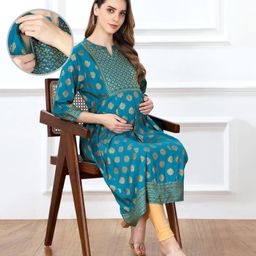 Bella Mama WovenThree Fourth Sleeves Maternity Kurta With Kolka Print- Blue-picture-10