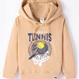 Taeko Looper Knit Full Sleeves Text Printed Hooded T-Shirt - Tan-image-36