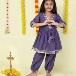The Magic Wand Three Fourth Sleeves Lace Embellished Angarakha Kurta & Salwar Set - Purple-picture-47