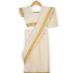 Little Ginnie Kanjivaram Zari Border Detailed Saree With Half Sleeves Blouse - White-image-2
