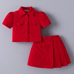 Mark & Mia Half Sleeves Solid Color Collared Top & Pleated Skirt Set - Red-image-21
