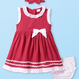 Babyhug Cotton Knit Sleeveless Frock Bloomer & Head Band with Lace Detailing - Red-image-67