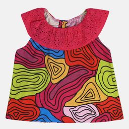 MINI KLUB Cotton Sleeveless Abstract Printed Schiffli Designed Top - Pink-image-57
