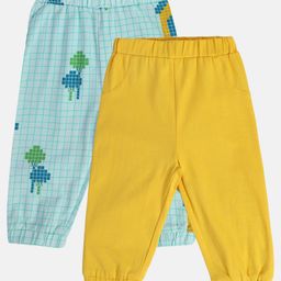 MINI KLUB Cotton Pack Of 2 Solid & Checked Joggers - Blue & Yellow-picture-43