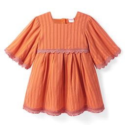 Babyhug Cotton Woven Half Flutter Sleeves Anti Bacterial Frock with Lace Detailing - Orange-image-5