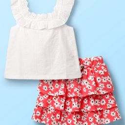 Babyhug Schiffili Knit Sleeveless Top & Skirt with Floral Print - White & Red-image-1