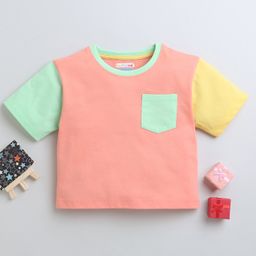 BUMZEE Cotton Woven Half Sleeves Color Block Crop T-Shirt - Peach &-image-97
