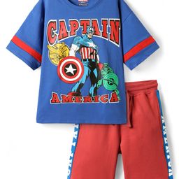 Pine Kids Marvel Single Jersey Knit Half Sleeves Drop Shoulder Cut & Sew Short Sets With Avengers Graphic - Red & Blue-image-78