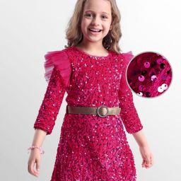 Hola Bonita Knit Long Sleeves Velvet Sequinned Party Dress With Belt- Dark Red-image-69