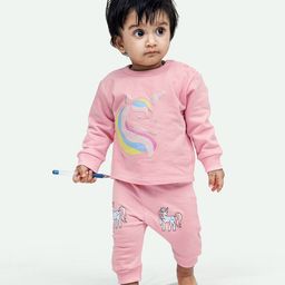 Ariel Pure Cotton Full Sleeves Unicorn Printed Tee & Pajama Set - Pink-image-49