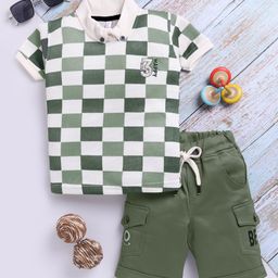 TOONYPORT Cotton Half Sleeves Checked Polo Tee & Shorts Set - Green-image-15