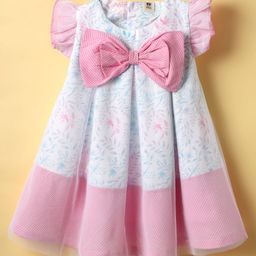 ToffyHouse Woven Frill Sleeves Frock With Floral Print & Bow Applique - Pink-image-25