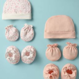 Ben Benny 100% Cotton Knit Cap Mitten & Booties Set With Solid Colour & Tropical Print Pack Of 2 Peach & White - Diameter 9 cm-picture-3