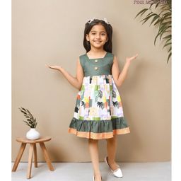 PINK MERMAID Cotton Woven Sleeveless Floral & Leaves Printed Tiered Dress - Green-image-81