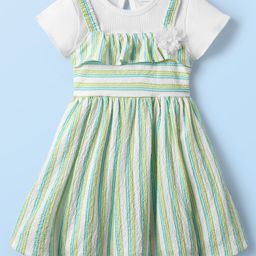 Babyhug Cotton Knit Striped Frock & Half Sleeves Inner Tee With Floral Applique - Green & White-image-59