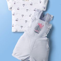 ToffyHouse Corduroy Woven Knit Puff Sleeve Top & Dungarees Set with Frill Detailing & Nautical Theme Print - White & Blue Mauve-picture-42