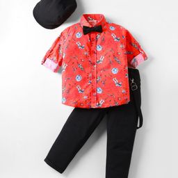 Rikidoos Full Sleeves Space Theme Printed Shirt Pant With Suspender Bow & Cap Set - Orange & Black-picture-33