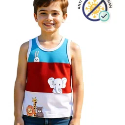 COCOON ORGANICS 100% Cotton Knit Sleeveless Rugby Striped Baby Animals Printed Anti Microbial Stretchable Tees - White Red & Sky Blue-picture-2