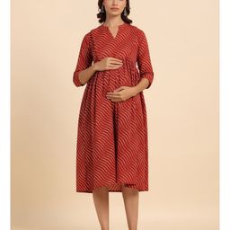 CRAFIQA Three Fourth Sleeves AbstractPrinted Maternity Dress With Concealed Zipper Nursing Access - Red image 4