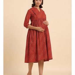 CRAFIQA Three Fourth Sleeves AbstractPrinted Maternity Dress With Concealed Zipper Nursing Access - Red image 5