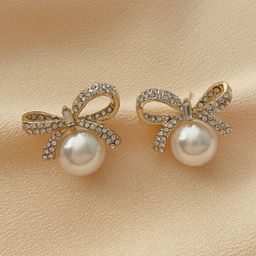 SUBHAGALANKAR Gold-Plated Pearls Studded Bow Studs-image-2