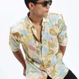 SHOWOFF Yellow Cotton Slim fit Graphic Shirt-image-32