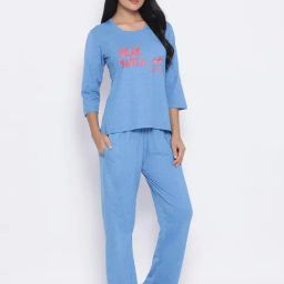 Clovia Blue Printed Top & Pyjama Set-image-65