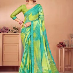 Satrani Green Printed Saree With Unstitched Blouse-image-80
