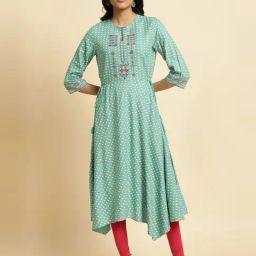 W Green Embroidered A Line Kurta-picture-27