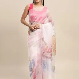 Blissta Cream Floral Print Saree With Unstitched Blouse-picture-9