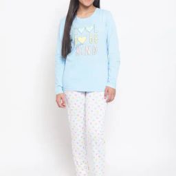 Lil Tomatoes Kids Sky Blue & White Printed Full Sleeves T-Shirt + Pyjamas-image-32