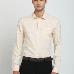 Turtle Cream Cotton Slim Fit Checkered Formal Shirt-picture-3